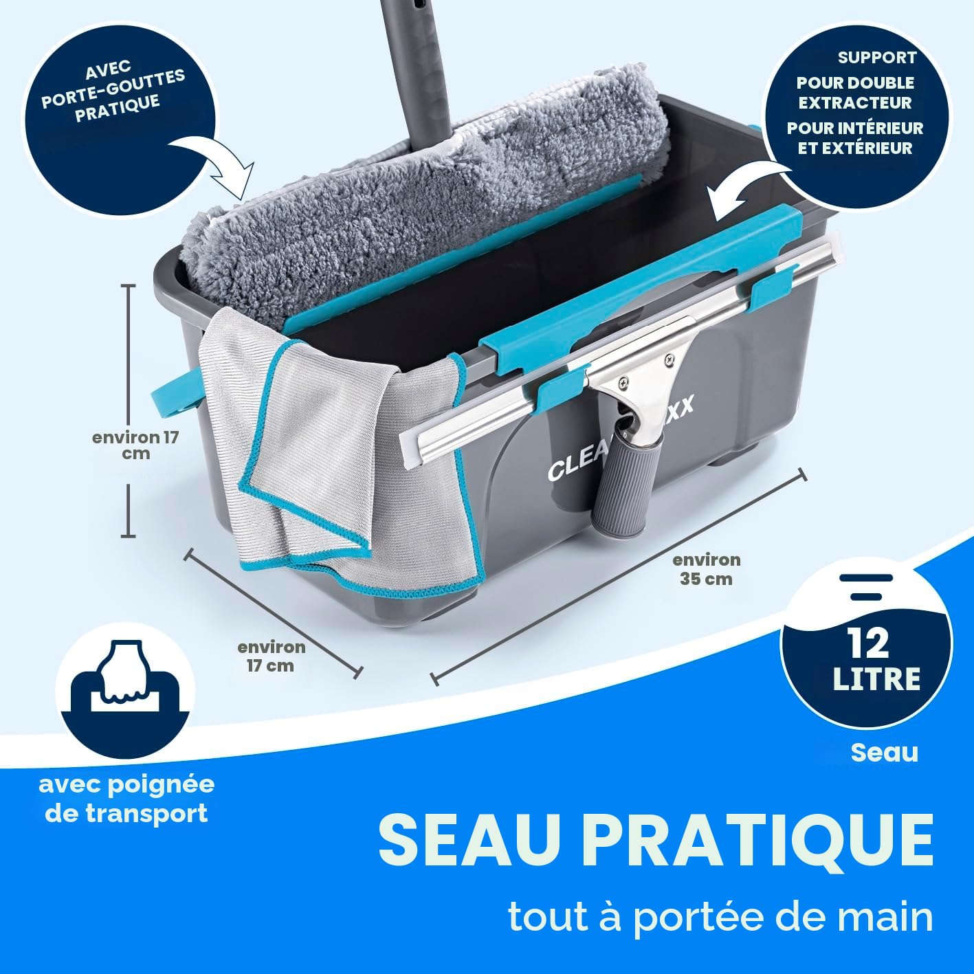 CLEANmaxx Set de Nettoyage Simple et Efficace pour des vitres de la Maison | Comprend Une raclette, Une Brosse, Un nettoyant, Un Chiffon, Un Seau et 2 Fixations pour la Brosse et la raclette [Bleu]