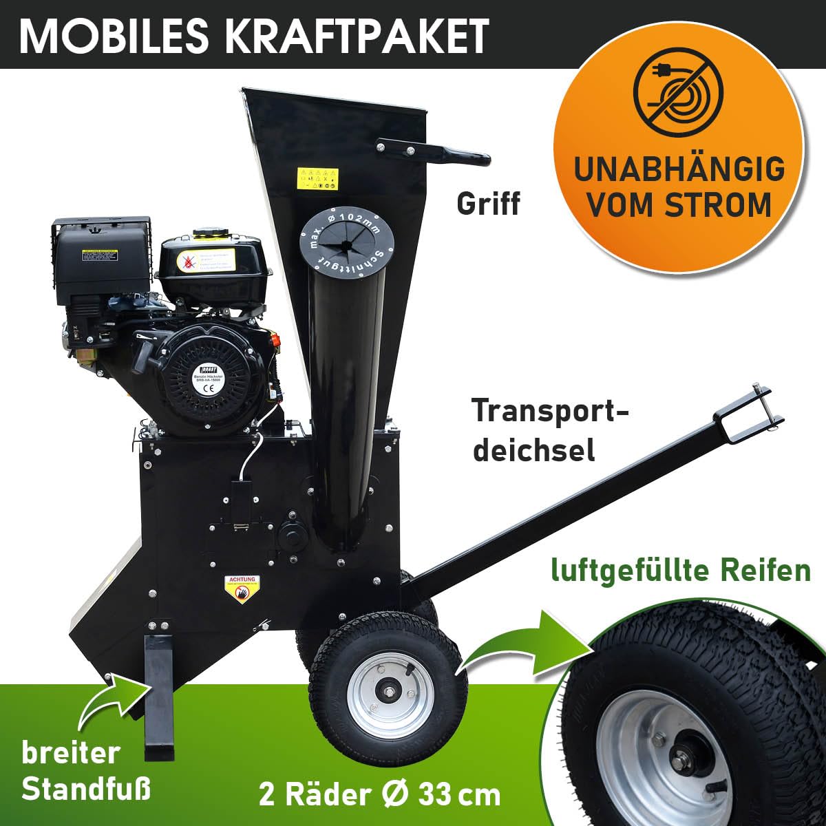 BRAST Häcksler Schredder Gartenhäcksler Benzin | 5,2kW(7PS) - 11kW(15PS) | 2 Modelle | TÜV geprüft | Aststärke bis zu 102mm | 2 Messersysteme mit 22 Messer | Deichsel & Griff