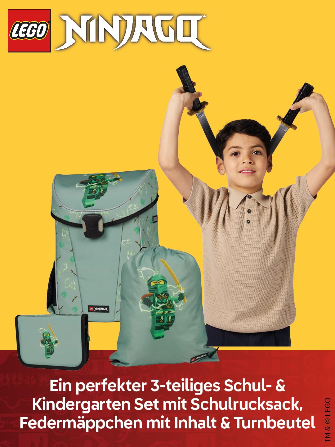 LEGO® NINJAGO® Schulranzen Jungen 1. Klasse Spinjitzu Master – 3-teiliges Easy Light Schulranzen Set mit Rucksack, Federmäppchen Junge & Turnbeutel – leicht & reflektierend