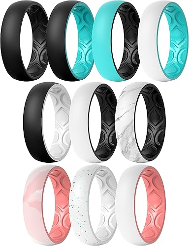 ThunderFit Alianzas de boda de silicona para mujer, transpirables, 2 capas de 0.217 in de ancho, 0.059 in de grosor, paquete múltiple de variedad de