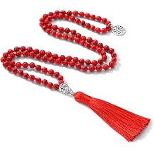 INBLUE 108 Mala Prayer Beads Wrap Necklace with Long Tassel Boho Necklace for Women Amazonite Bead Bracelet with Spiritual Tree of Life Pendant 108 Beads Necklace for Meditation