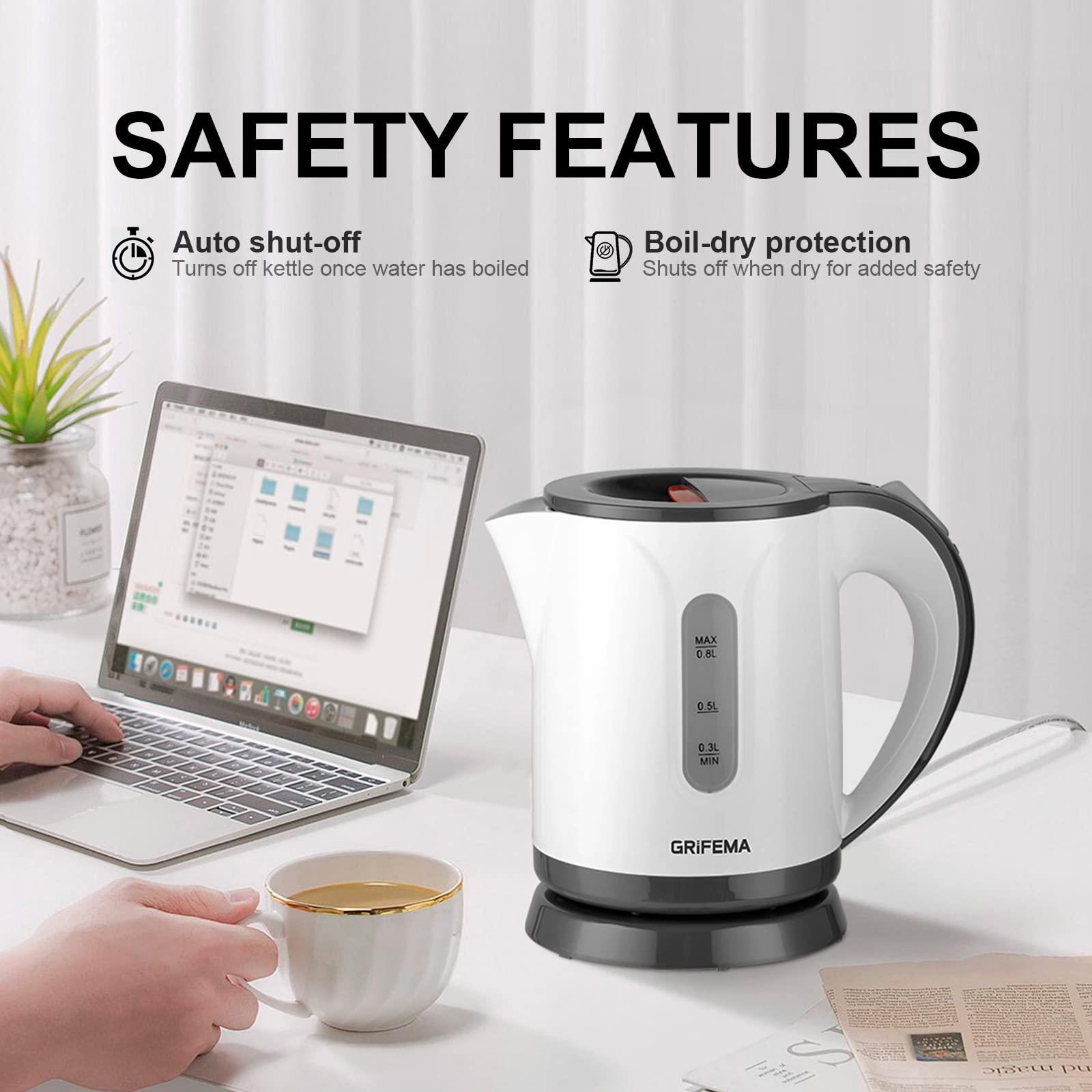 GRIFEMA Bollitore Elettrico Piccolo, 1100W 0,8 Litri per Acqua, con Filtro Anticalcare, Spegnimento Automatico, Corpo in Plastica e Base a 360° - Elettrodomestico da Cucina, GC1001​