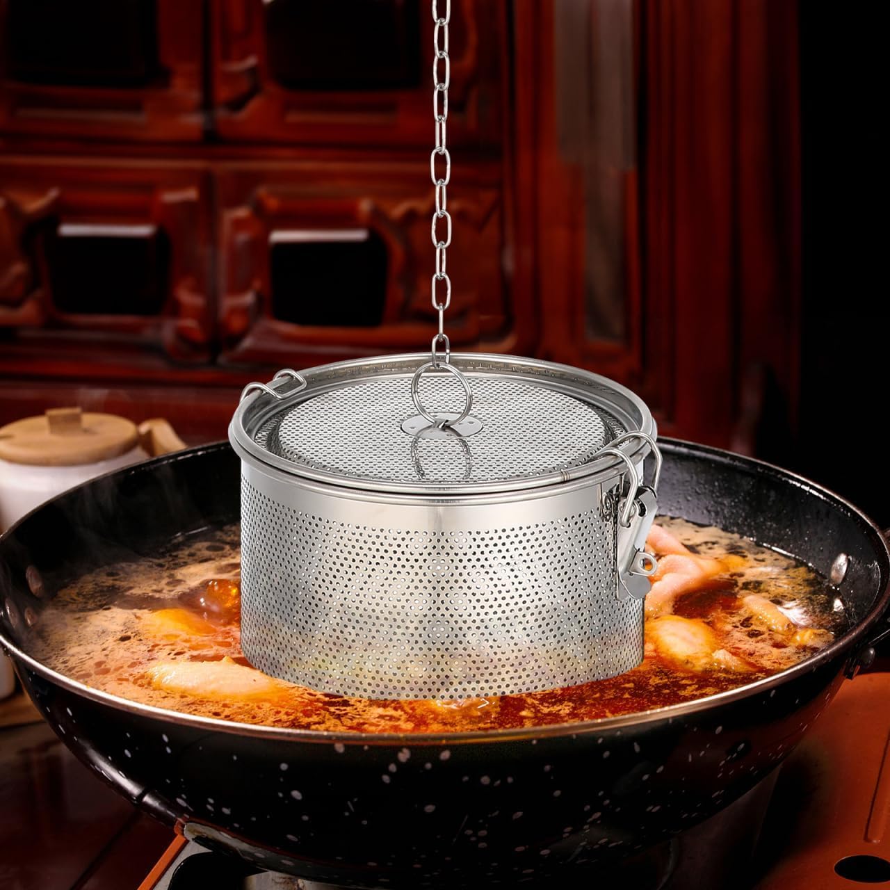 Bola de especias para cocinar, colador de condimentos, infusor de té de acero inoxidable 304, filtro de malla para hojas sueltas, sopa de té, gran capacidad y gancho de cadena extendido (16 x 16 x 16