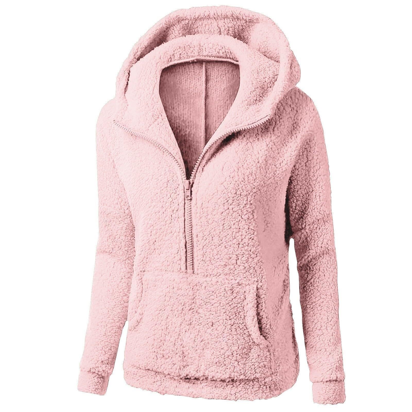 Sudadera con Capucha Suave y esponjosa Sherpa con Media Cremallera for Mujer, Chaqueta con Capucha de Forro Polar cálido de Manga Larga y Bolsillo Frontal(A01-Pink,S)