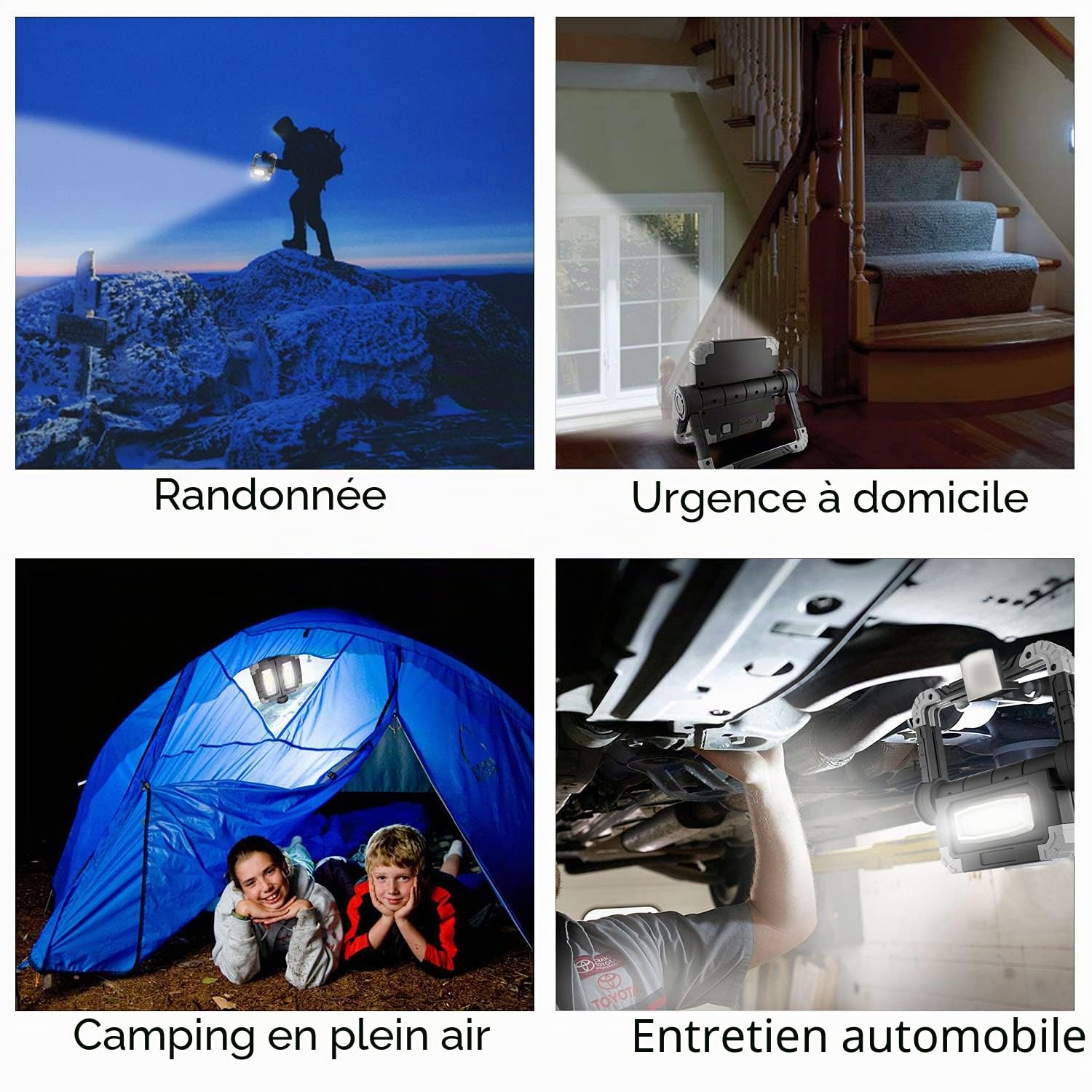 Lampe de travail LED rechargeable 20 W - Lampe de travail très lumineuse avec rotation à 360 ° - Lampe de travail pliable et étanche pour réparation de voiture, camping, randonnée