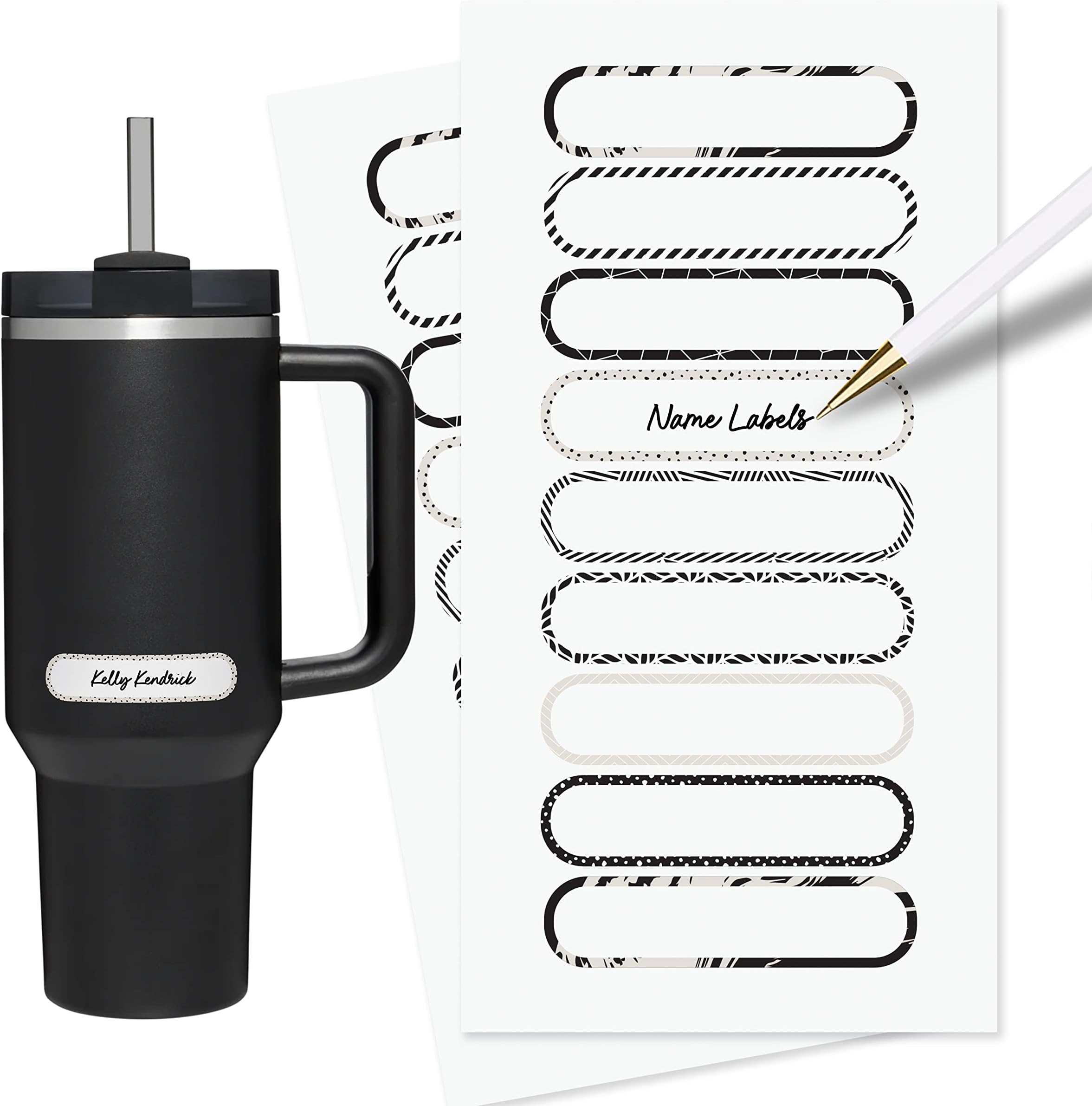 ThreeKin Waterproof Labels for Bottles and Containers - Custom Stickers - All-Purpose and Personalizable - Dishwasher, Freezer and Microwave Safe - BPA-Free - USA-Owned (Black and White, 72pcs)