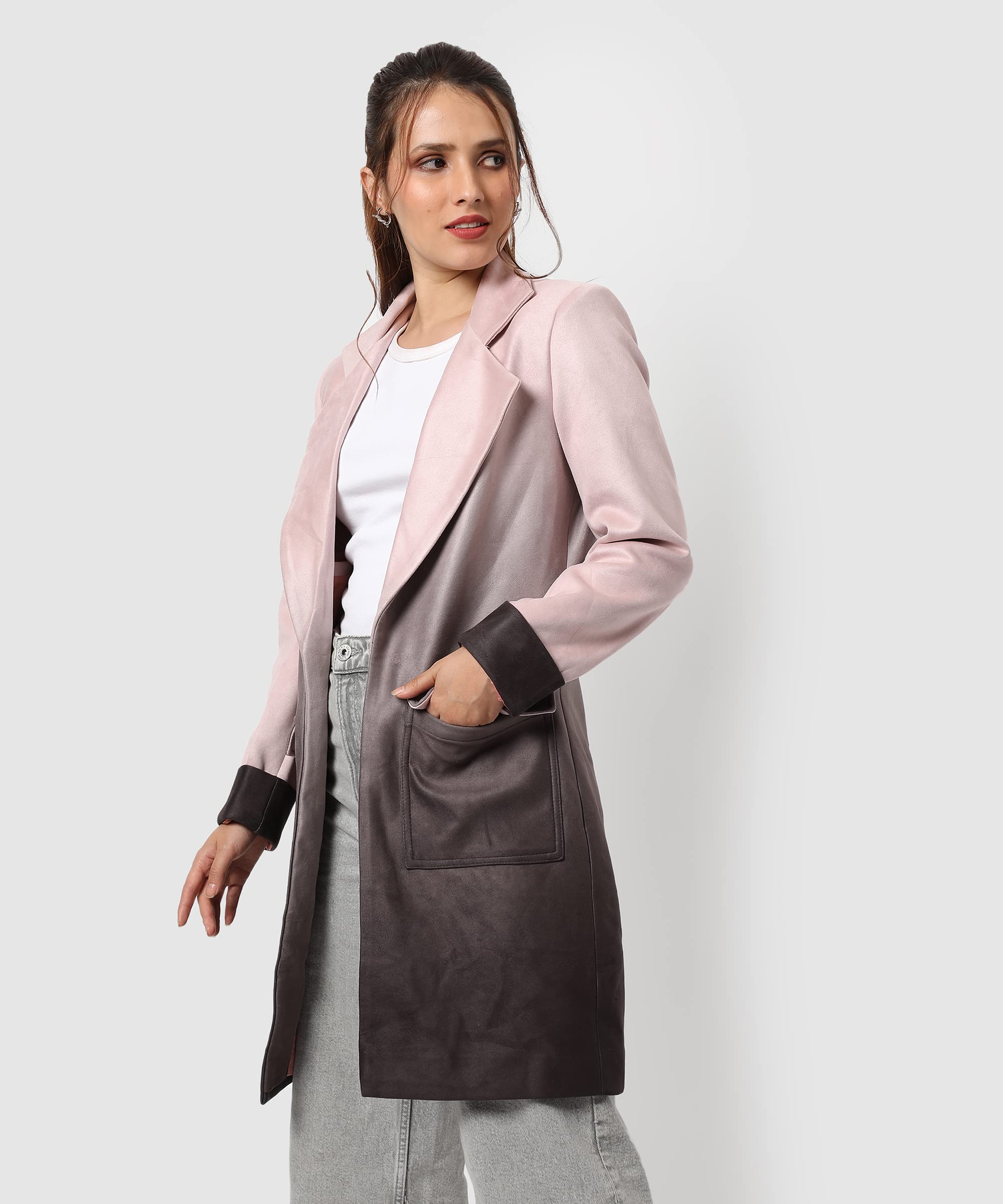 Campus Sutra Women's Dusky Pink & Brown Regular Fit Long Coat For Winter Wear | Collar Neck | Full Sleeve | Buttoned | Casual Jacket For Woman & Girl | Western Stylish Jacket For Women 2