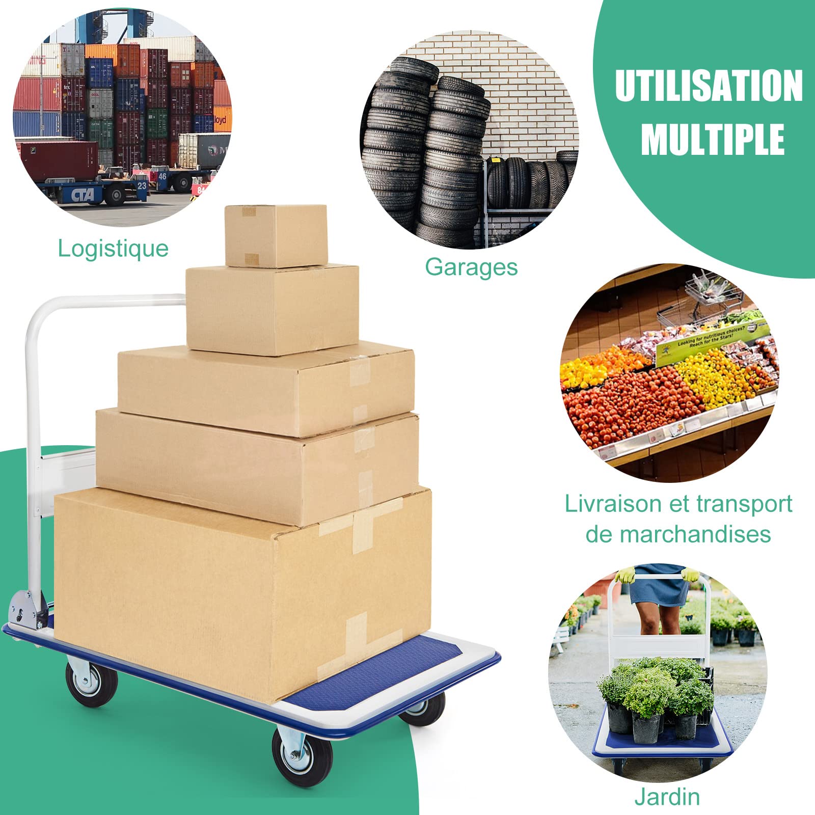 RELAX4LIFE Chariot de Transport Pliable en Fer Charge 300KG avec Plateau Antidérapant, Chariot Design Compact à 4 roulettes en PU, 60 x 90 x 88 cm pour Déménagement Logistique Manutention Silencieuse