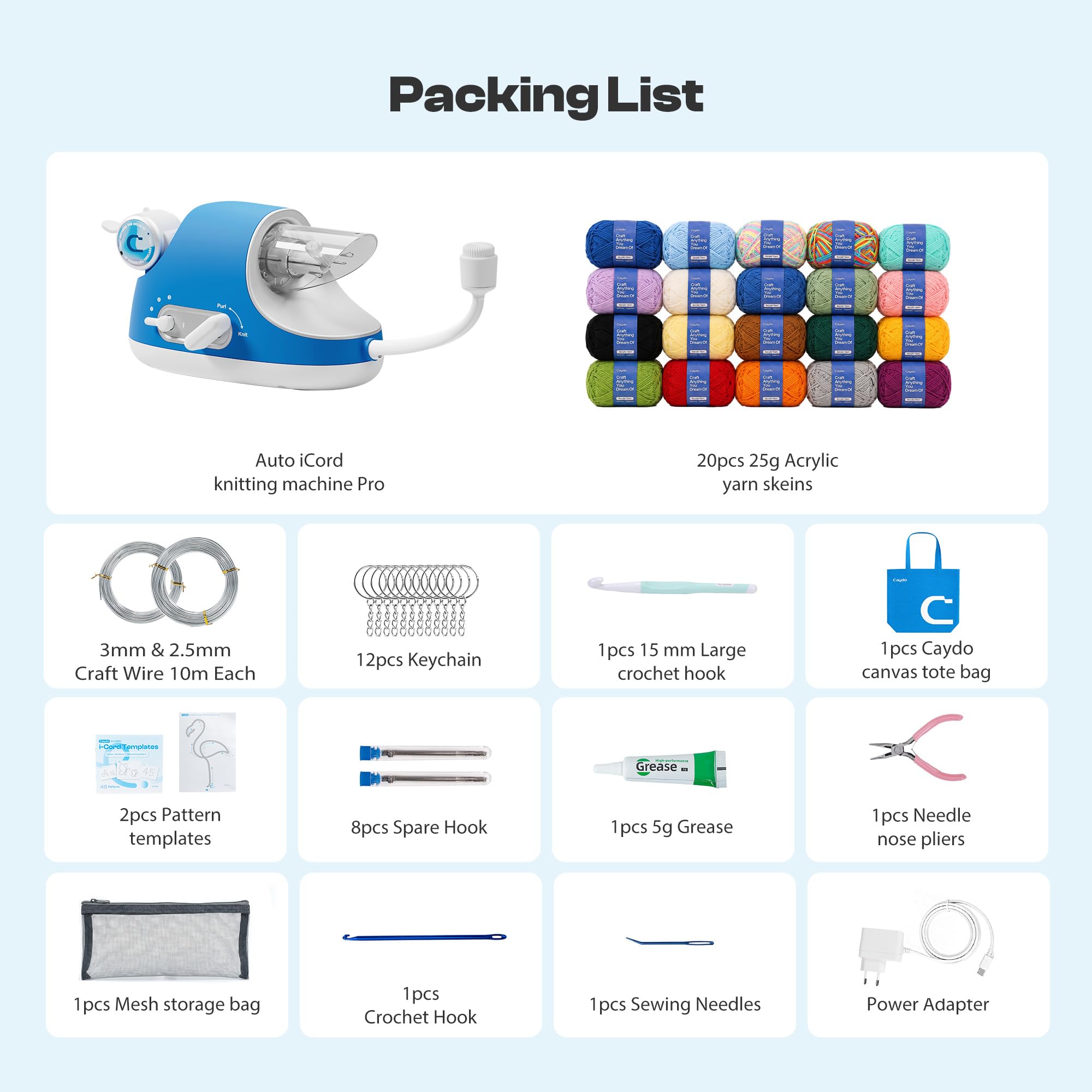 Caydo Set per lavorare a maglia, macchina per maglieria elettrica Pro, molto efficiente, produzione automatica di tubi per maglieria, filo decorativo con velocità regolabile