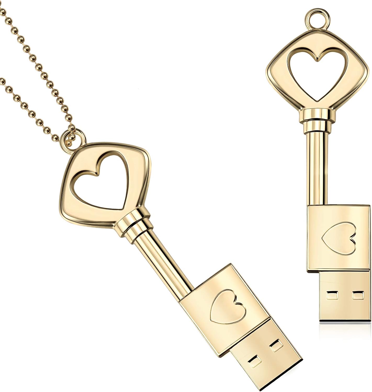 Weewooday 2 Pieces Thumb Drives Flash Drives Metal USB 2.0 Memory Drive Stick Key Heart Shaped with 2 Pieces Necklaces for Graduation Presents