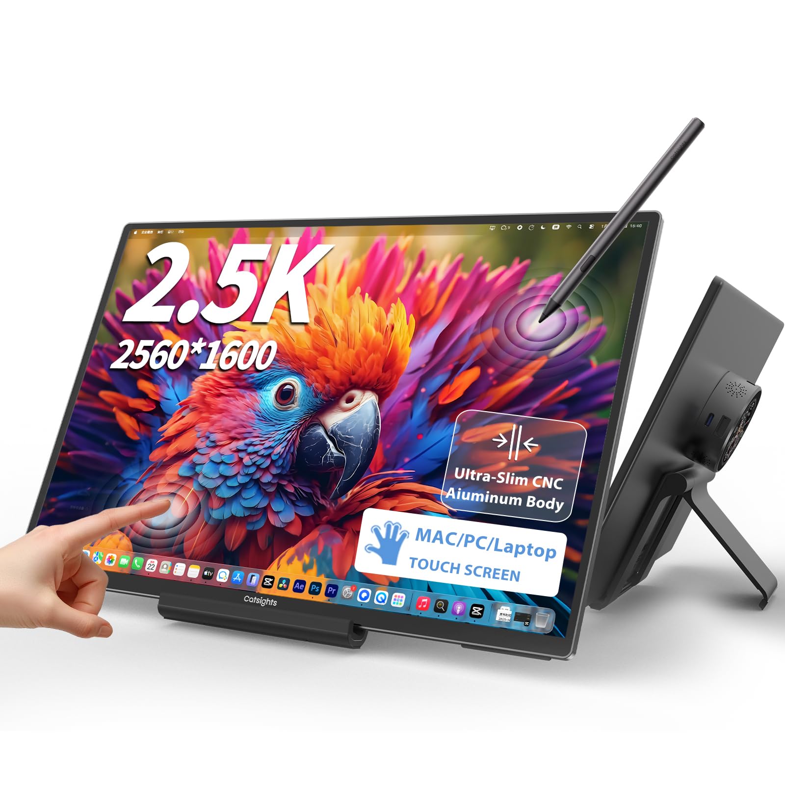 Catsights Portable Monitor Touchscreen for Mac 13.3" 2.5K Touch Screen Monitor with Protective Sleeve, USB-C Plug & Play 1500:1 0.22" Ultra-Thin