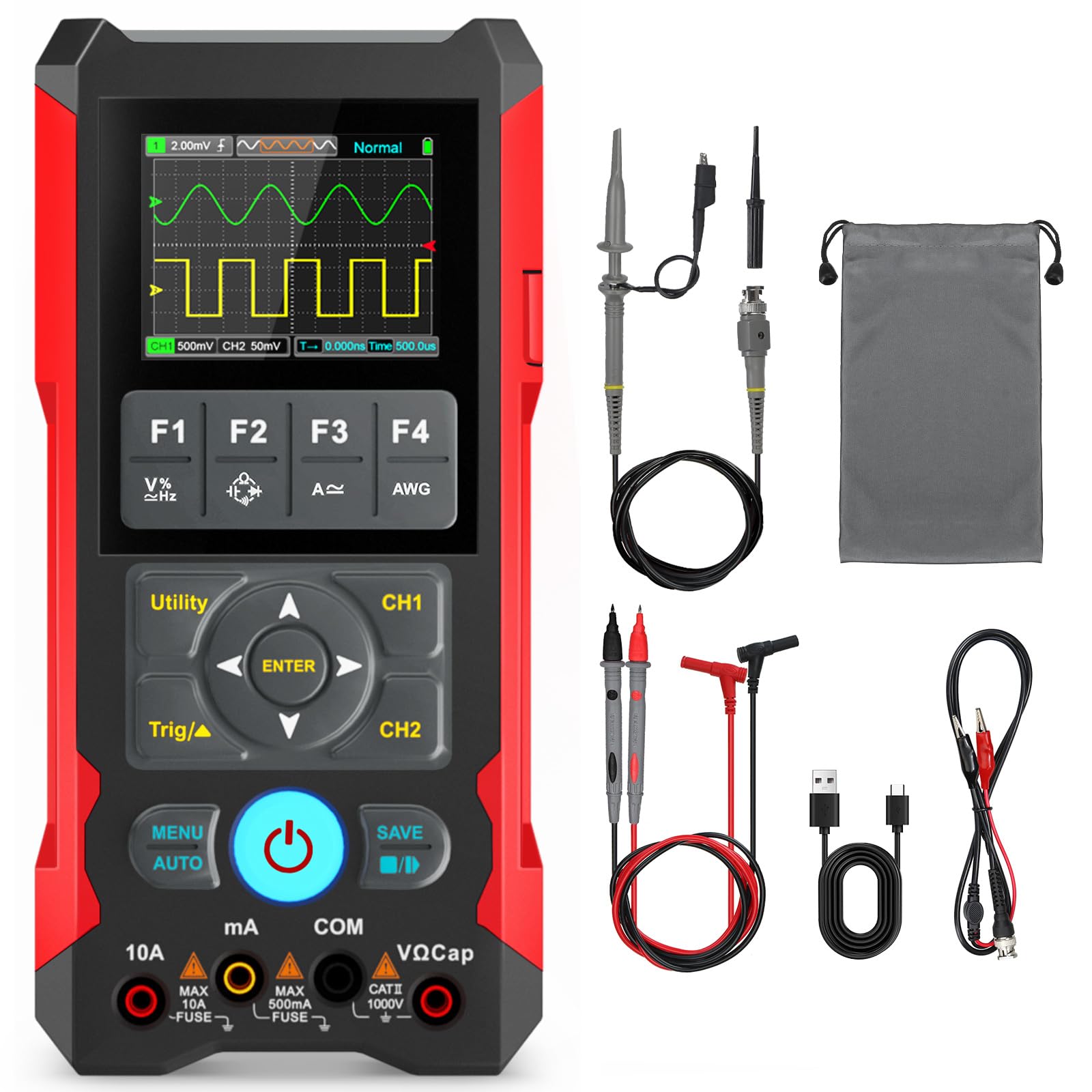 Photo 1 of Dual Channel Handheld Oscilloscope,70MHz Bandwidth, 3-in-1 Digital Oscilloscope Multimeter with Signal Generator, 200MSa/s Sampling Rate, 20000 Counts with Type-C Fast Charge, Black & Red 1