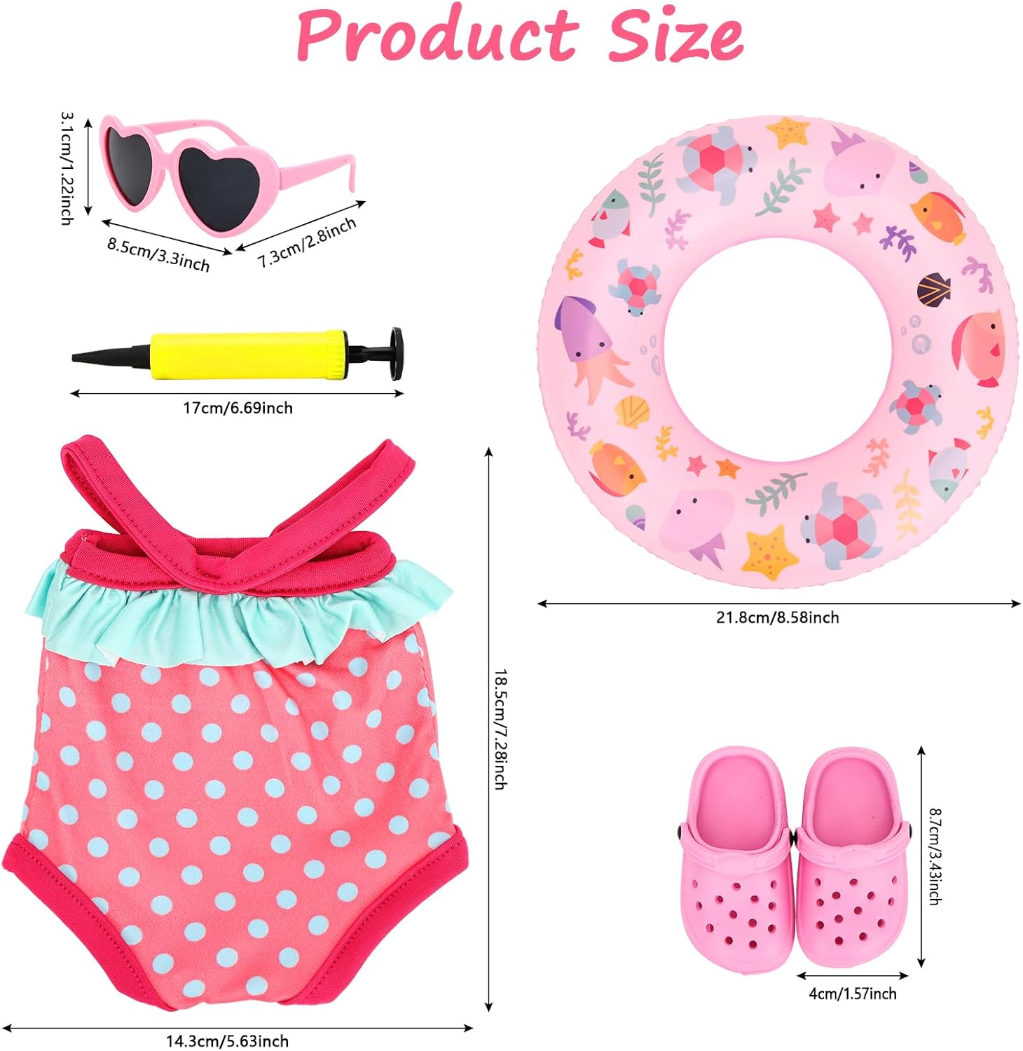 Sweet Baby Doll Clothes for 14-17 Inch Baby Dolls 5 Pieces Cute Summer Accessories Includes 1 Swimsuit, 1 Swimming Ring, 1 Shoes, 1 Glasses, etc for Born Dolls Summer Beach Set