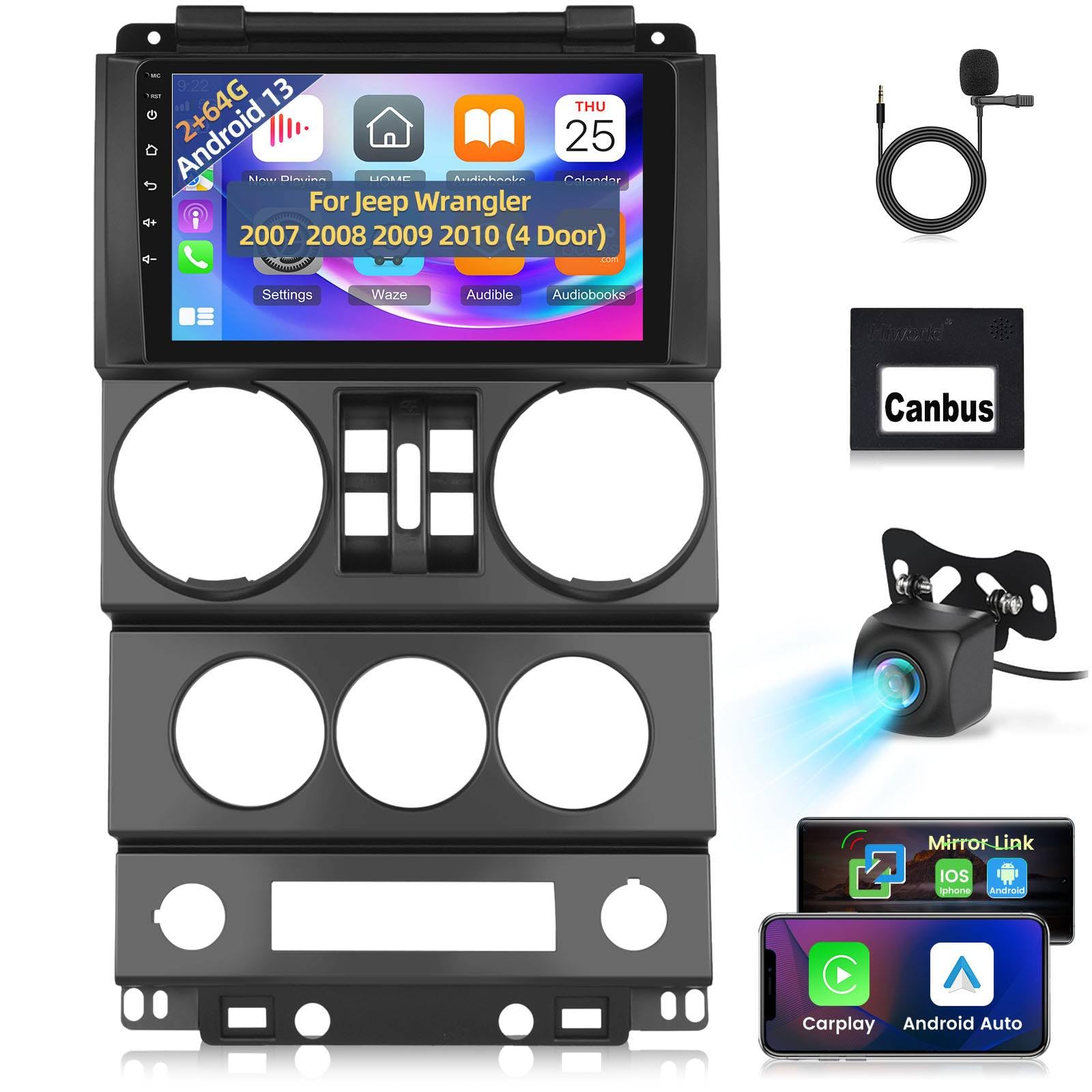 [2+64G] for Jeep Wrangler (4 Doors) 2007 2008 2009 2010 Upgrade Radio - Wireless Carplay & Android Auto - 9 Inch Touchscreen Android 13 Headunit - EQ/GPS/WiFi/Mirror Link/SWC + AHD Backup Camera + Mic
