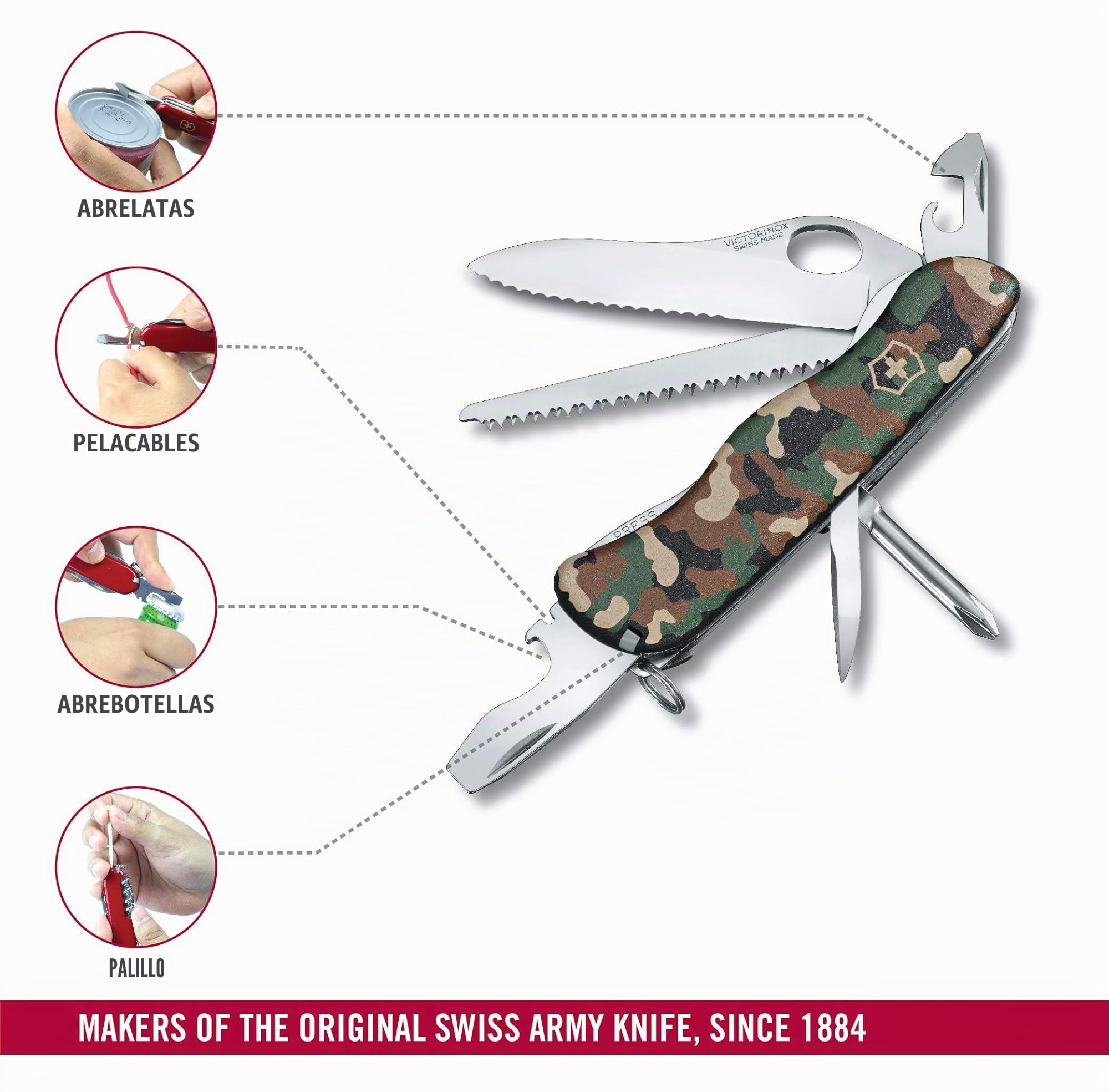 Victorinox Trailmaster, Navaja multiusos con 12 funciones, incluyendo hoja con bloqueo para una mano y sierra para madera, de color camuflaje