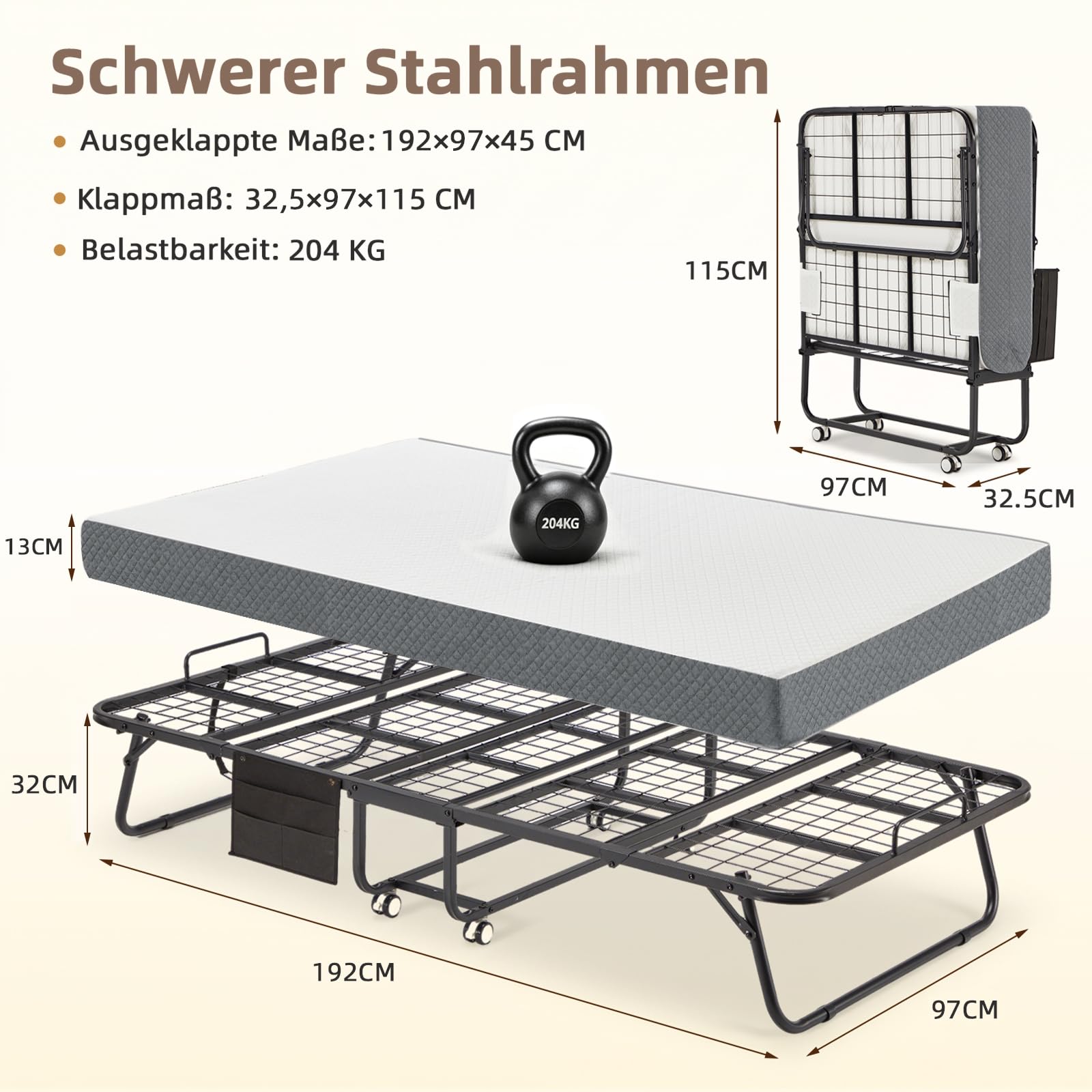 Klappbett 192x97cm, Gästebett Klappbar mit Matratze ca.13cm Dicker