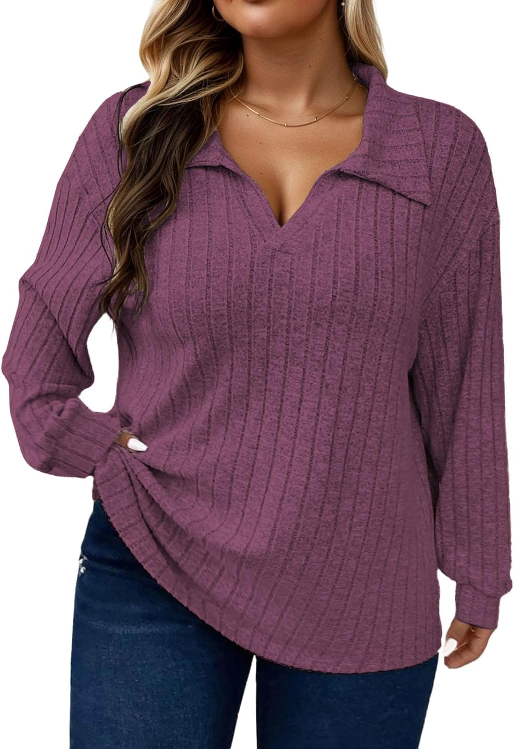 ROSRISS Plus Size Tops for Women Casual Knit Sweaters Going Out Lapel V Neck T-Shirts Lightweight Long Sleeve Blouses