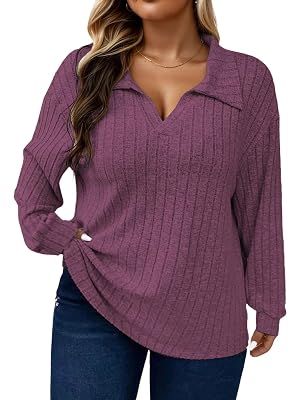 ROSRISS Plus Size Tops for Women Casual Knit Sweaters Going Out Lapel V Neck T-Shirts Lightweight Long Sleeve