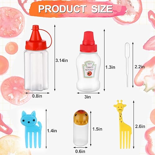 Miniatura 2 de 14 mini botellas exprimibles de condimentos con 1 botella dispensadora con cuentagotas, 46 palillos de alimentos para animales, botellas de salsa de