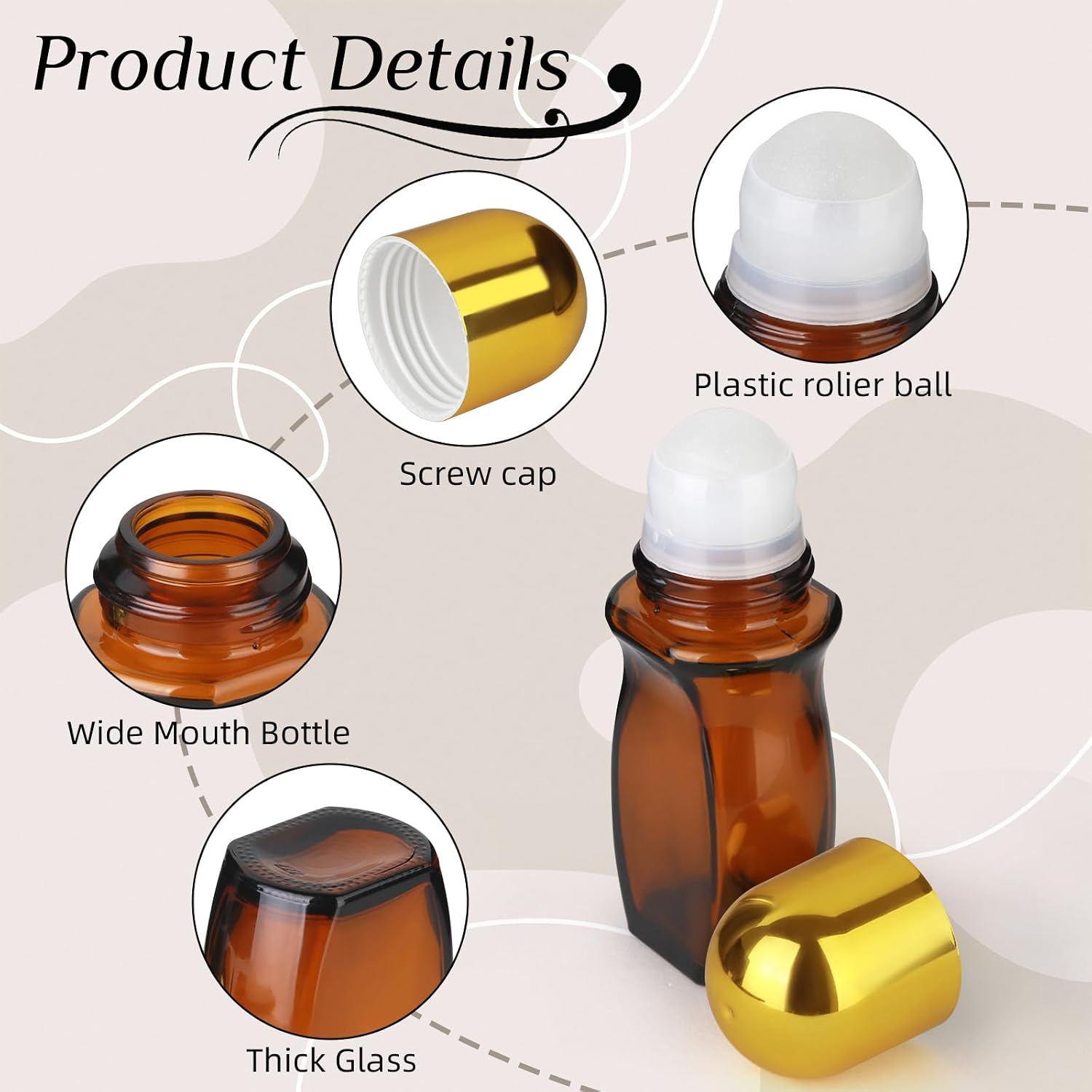 50ml Glass Roll-On Bottle - Amber Deodorant Container with Plastic Roller Ball and Opener, Gold Cap Empty Bottle Suitable for Essential Oils, Perfume, and Aromatherapy (4-Piece Set)
