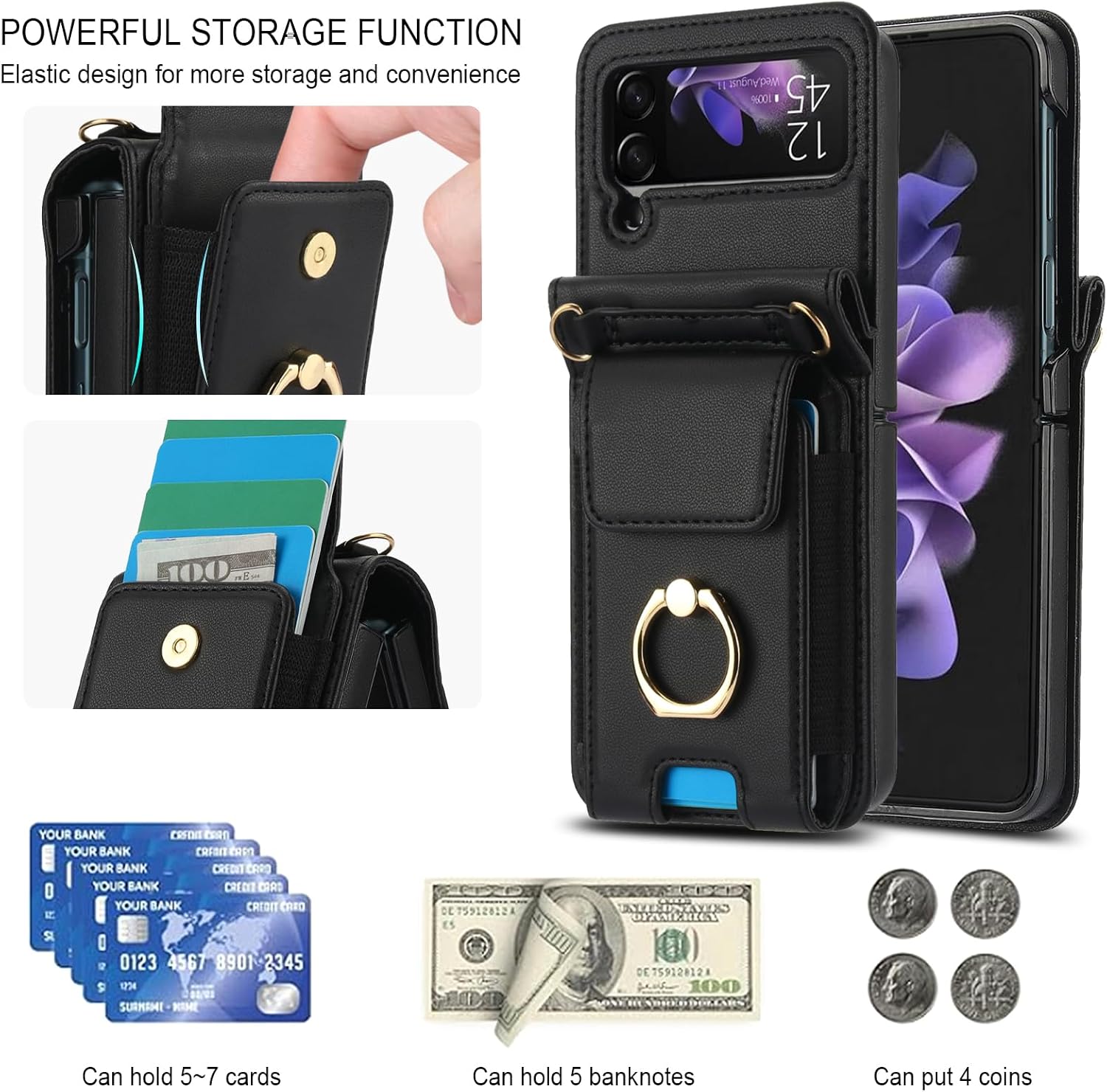 Asuwish Phone Case for Samsung Galaxy Z Flip 3 5G 2021 Wallet Cover with Ring Crossbody Wrist Strap Lanyard Credit Card Holder Slot Cell Leather Purse ZFlip3 Z3 Flip3 3Z Women Men Girls Black