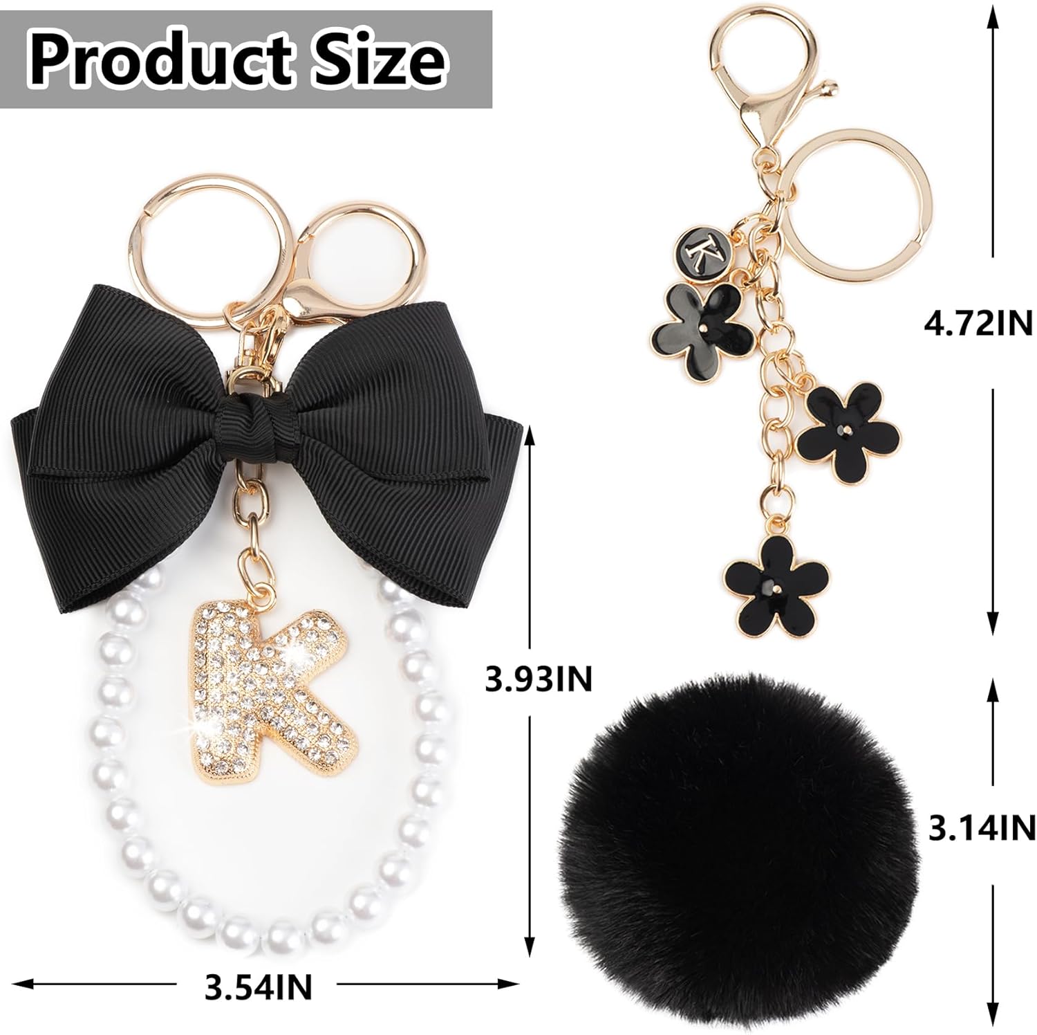 YOU WIZV Initial Letter Keychain for Women Girls Cute Bow Flower Puff Ball Pom Purse Bag Chains for Handbags Backpack - Image 3