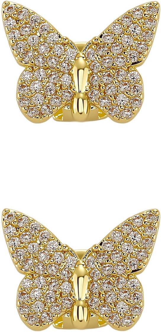 2Pcs 14K Gold Plated Hip Hop Grillz Set Fake Tooth Cap Butterfly Diamond Teeth Grills for Your Teeth Grillz for Men Women Rapper Halloween Costume