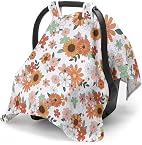 HEIFAM Car Seat Cover Baby Boy Girl, Breathable Muslin Cotton Baby Car Seat Cover Canopy, Carseat Covers Canopies for Summer Sunshade Babies, New Mom Gifts for Newborns Essentials Gift Set, Sunflower