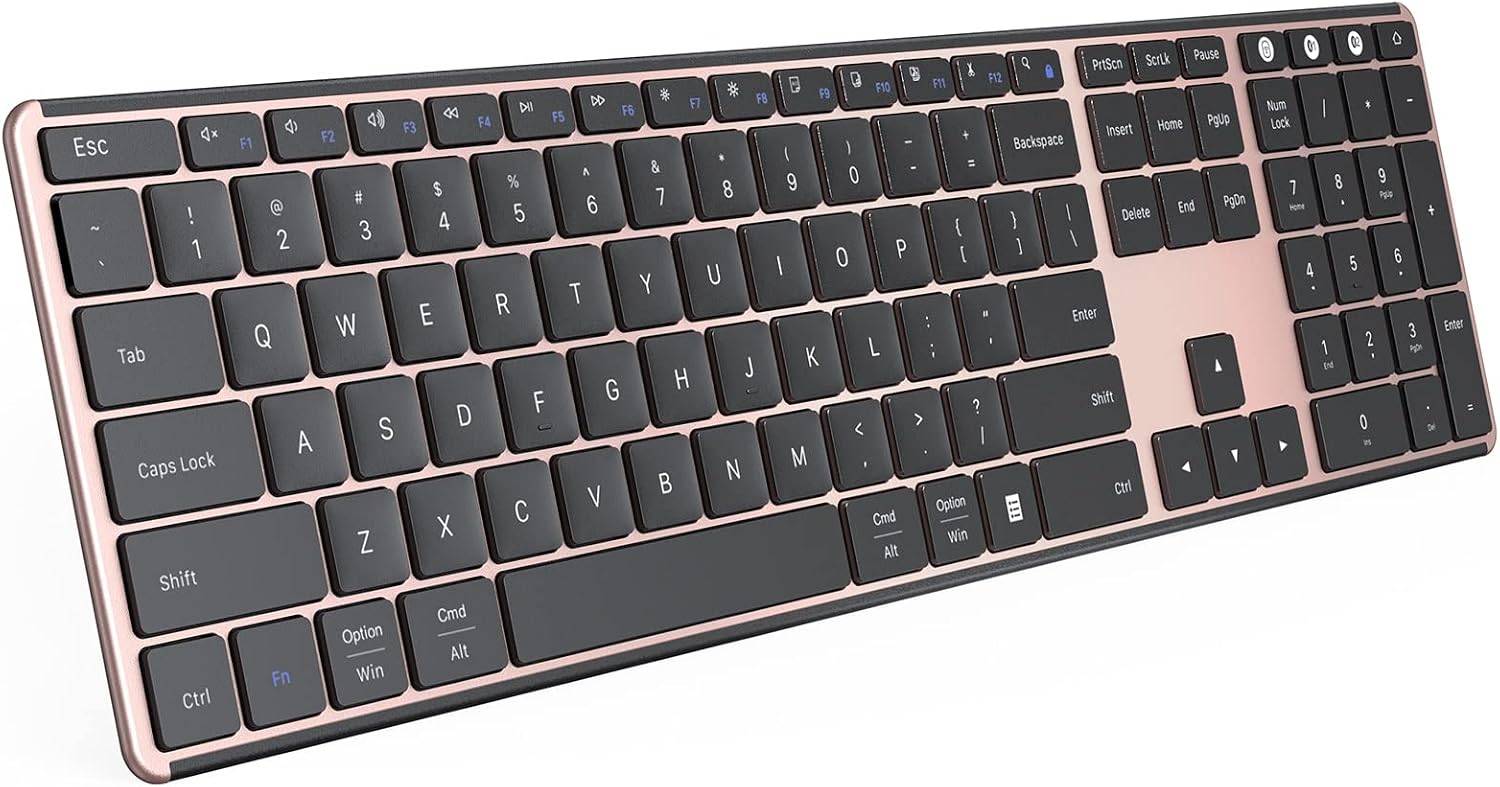 seenda Multi Device Bluetooth Keyboard for Windows & Mac OS, Ultra Slim Rechargeable Wireless Keyboard, Compatible with Win 7/8/10, Laptop, MacBook Pro/Air, iPad, Tablet, Black Rose Gold