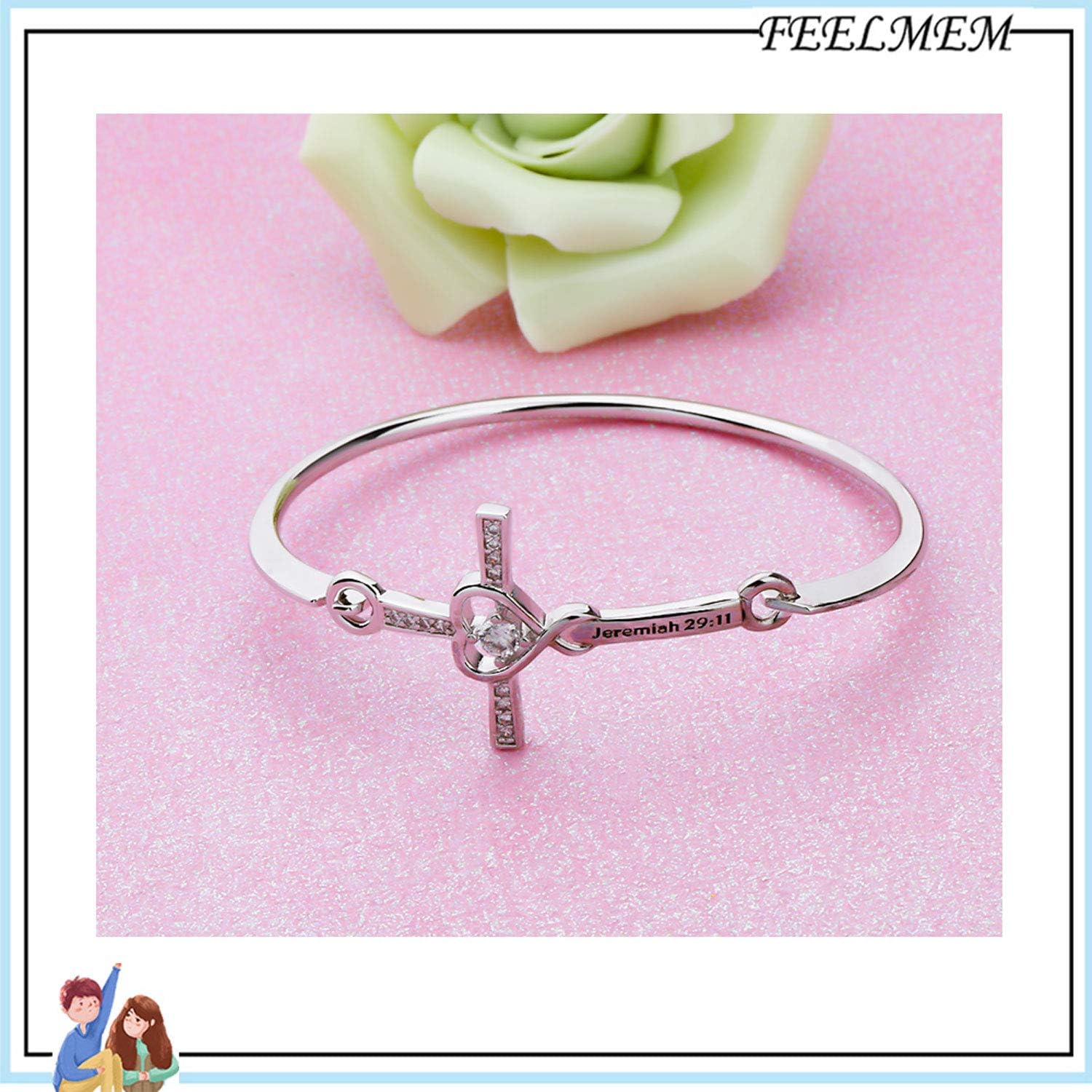 FEELMEM Christian Cross Bracelet Jeremiah 29:11 Bible Verse Crystal Sideways Cross Bangle Bracelet Baptism Christening Gift - Image 4