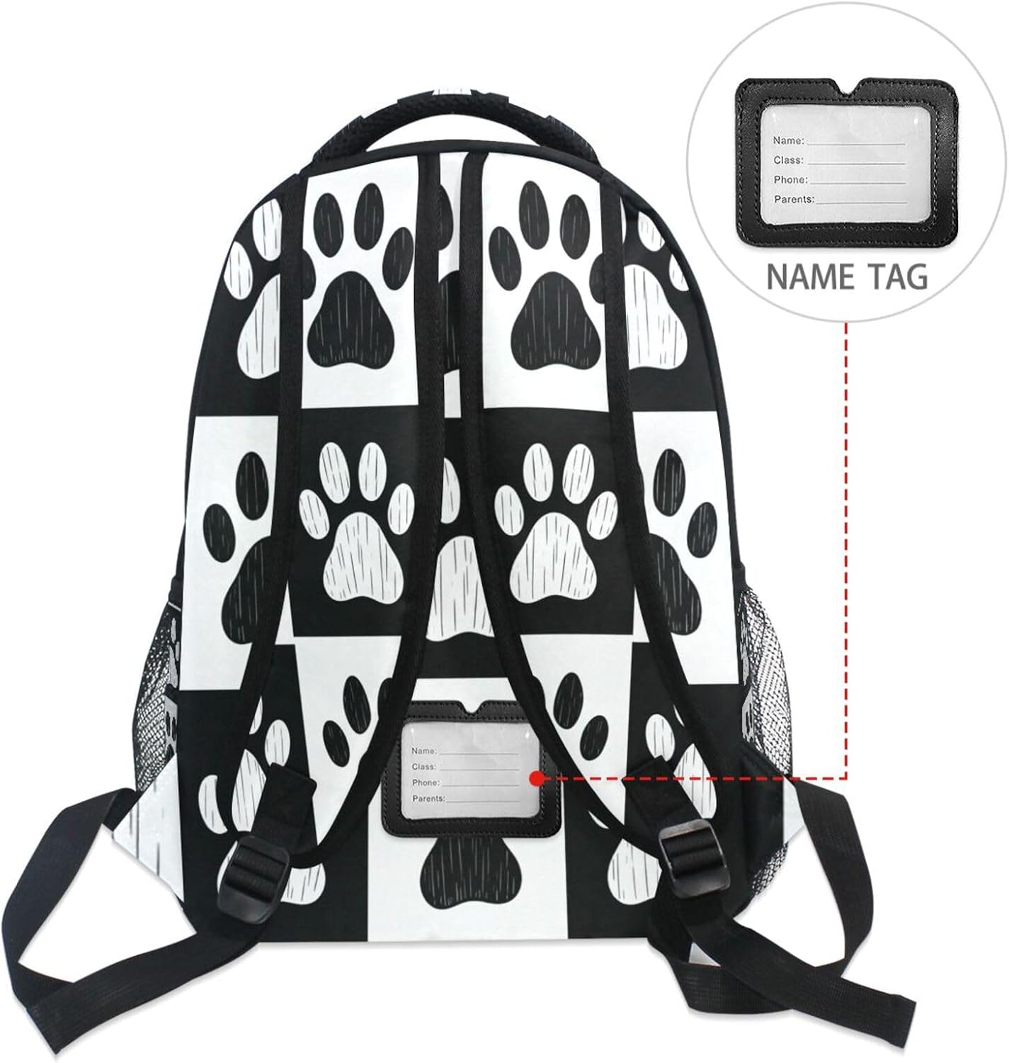 Pfrewn Doodle Black White Cat Dog Paws Print Backpacks for Girls Boys Animals School Backpack Bookbags for Kids Students 16"