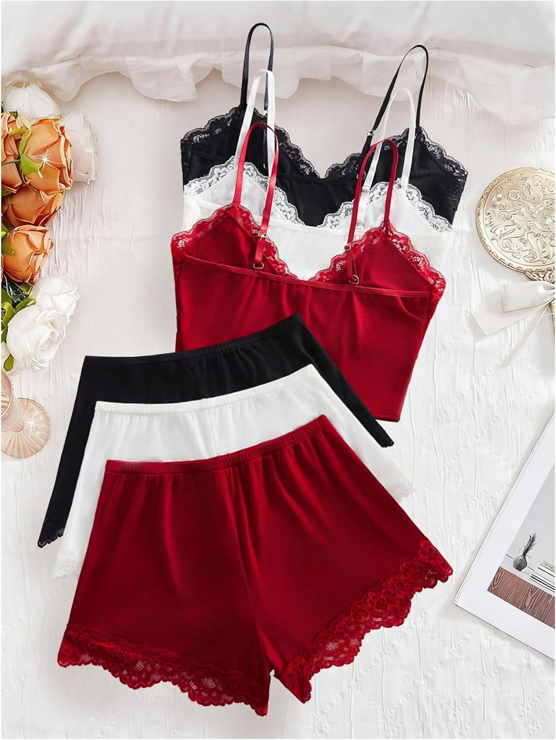 SOLY HUX Women's 6 Piece Pajama Set Lace Trim Camisole Tops and Shorts Lingerie Sleepwear