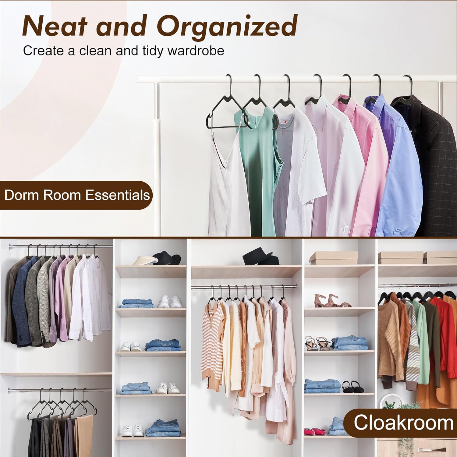 HOUSE DAY Black Plastic Hangers 50 Pack - Made in USA - Lightweight & Slim Space Saving Clothes Hanger with Shoulder Grooves for Dresses, Lingerie, Shirts, Pants, Durable Closet Organizers and Storage