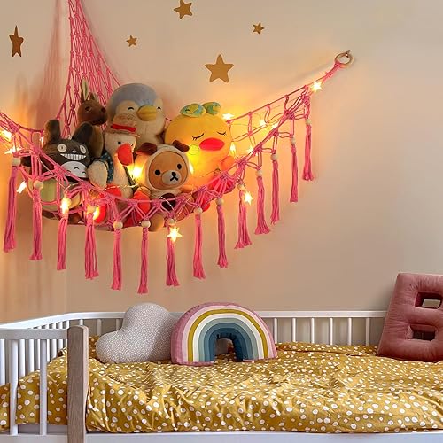 Miniatura 38 de Hamaca de peluche para almacenamiento de esquina, organizador de red de hamaca de juguete con luz LED, soporte de red de peluche para hamacas de