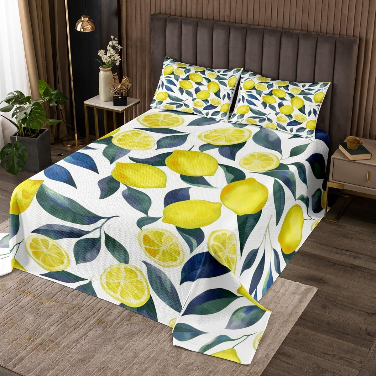 jejeloiu Lemon Bedspread for Kids Boys Girls Tropical Fruit Coverlet Set Twin Size Botanical Lemon Pattern Quilted Coverlet Yellow Green Blue Bedroom Decor Breathable Soft Lightweight