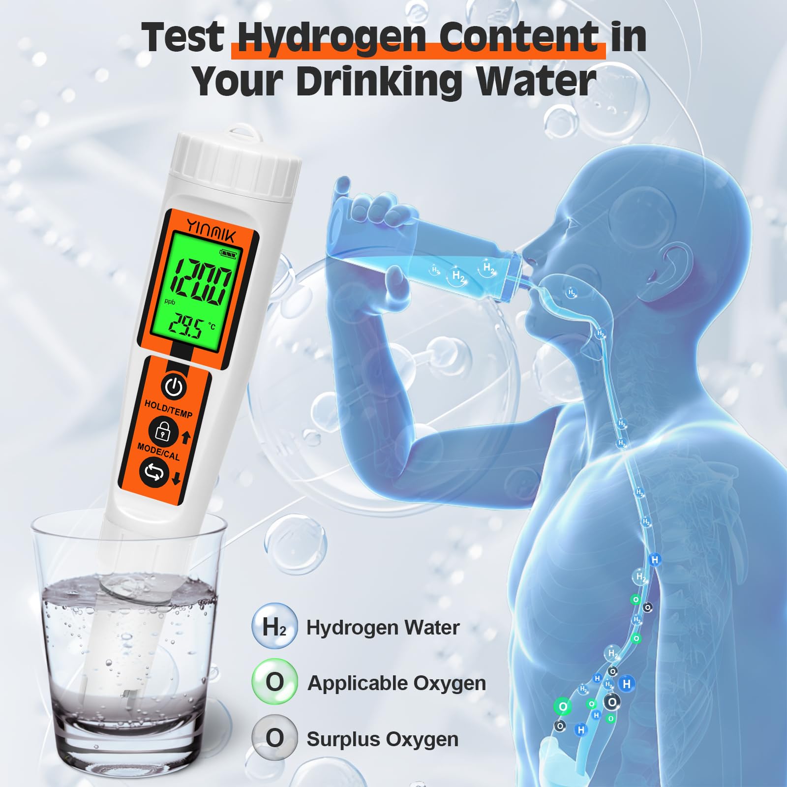 Wasserstoff Wassertester, YINMIK Wasserstoff Wasserflasche, Digitales 4 in 1 pH ORP Messgerät und Wasserstoff Wasser ppb/ppm Messgerät, Professionell Verwendet für Wasserstoffreiche Wasserbecher
