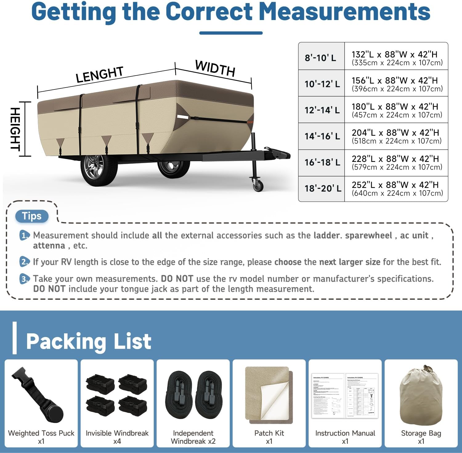 VINPATIO Pop Up Camper Cover Folding Tent Trailer – 7-Layer Top, 3-Layer Side, Waterproof, Windproof, Sun-Resistant (Fits 08-10FT)