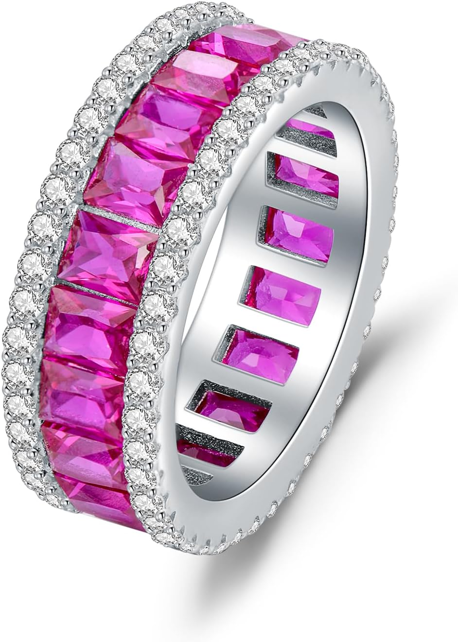 925 Sterling Silver Princess Cut Pink Sapphire Wedding Engagement Ring Full-Channel Set CZ Eternity Anniversary Band Ring White Gold Plated 7MM Stackable Rings for Women Size 5-10