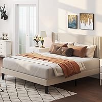 Gizoon Queen Upholstered Platform Bed Frame with Wingback Headboard - Noise-Free, No Box Spring, 850lbs Support, Underbed Storage