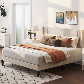 Gizoon Queen Upholstered Platform Bed Frame with Wingback Headboard - Noise-Free, No Box Spring, 850lbs Support, Underbed Storage
