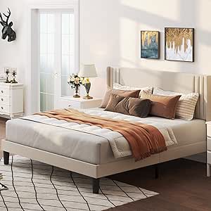Gizoon Queen Bed Frame with Wingback Headboard, Upholstered Platform Bed, Wooden Slats, Noise-Free, No Box Spring Needed, Easy Assembly