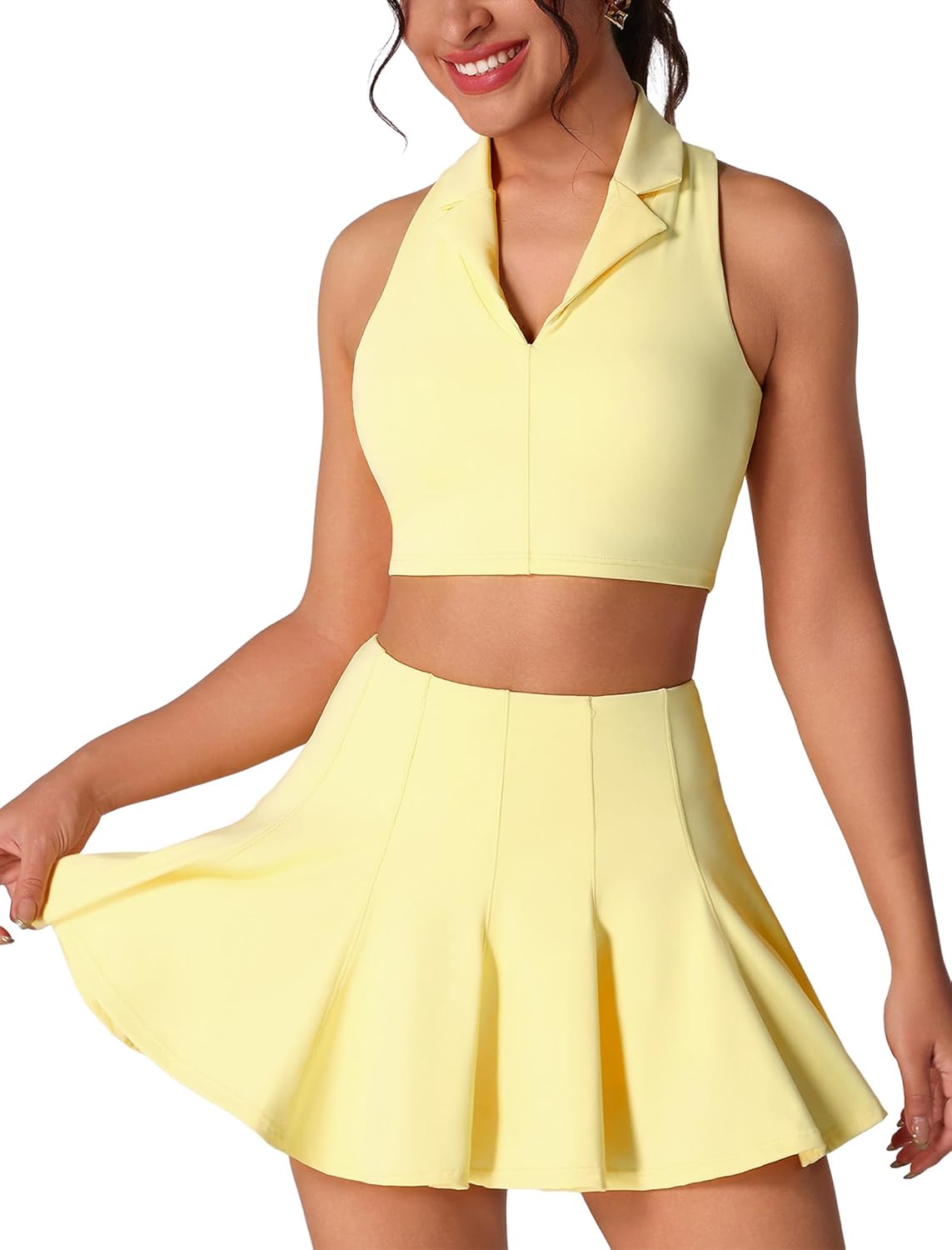 2 Piece Tennis Dress for Women Pleated Tennis Skirt Sleeveless Racerback Padded Crop Top Golf Workout Outfits