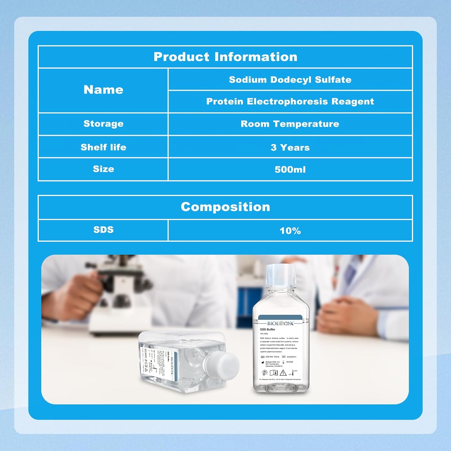 Lab SDS Buffer, Lab 10% Sodium Dodecyl Sulfate Buffers, 500ml/Bottle, 2 Bottles/Case