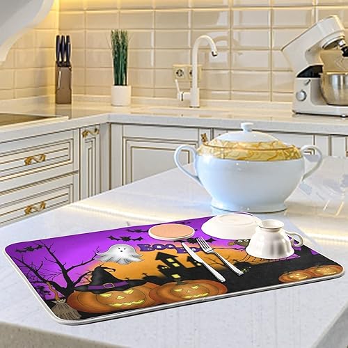 Miniatura 6 de Tapete de secado de platos de calabaza y fantasma, de 16 x 18 pulgadas, para encimera de cocina, diseño de calavera de bruja, morado, reversible,