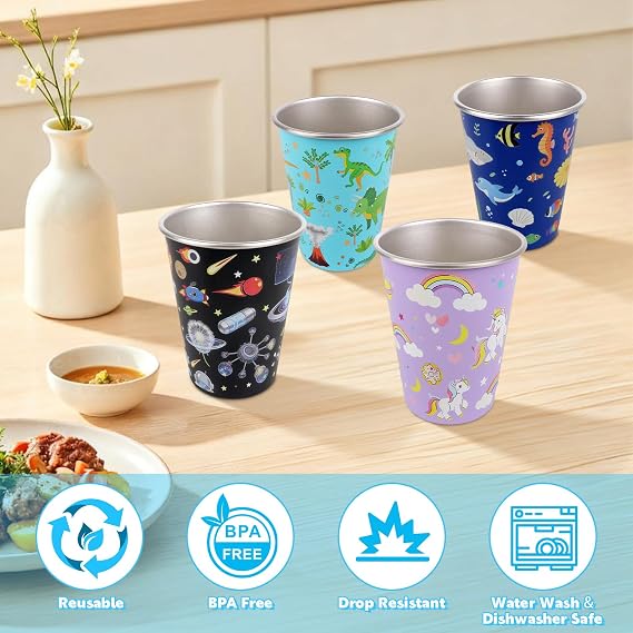 Stainless Steel Cups Set of 4, 350ml Reusable Stainless Steel Tumbler, Stackable Drinking Cups in 4 Colours for Coffee & Juice, Shatterproof Metal Cup for Camping, Outdoor & Indoor Activities
