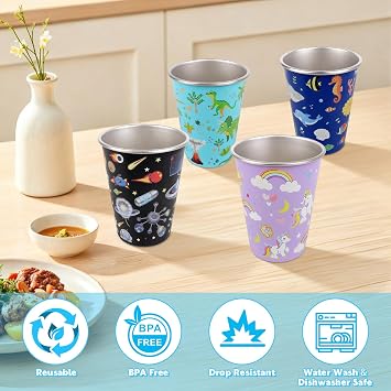 Stainless Steel Cups Set of 4, 350ml Reusable Stainless Steel Tumbler, Stackable Drinking Cups in 4 Colours for Coffee & Juice, Shatterproof Metal Cup for Camping, Outdoor & Indoor Activities