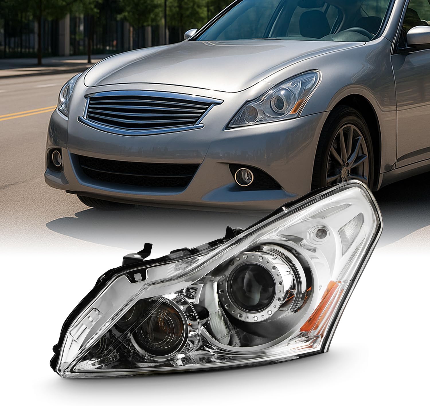 AKKON - Fits 2010-2013 G37 / 2011-2012 G25 / 2015 Q40 Sedan 4-Door [HID/Xenon Type] Projector Chrome Headlight Driver Left Side