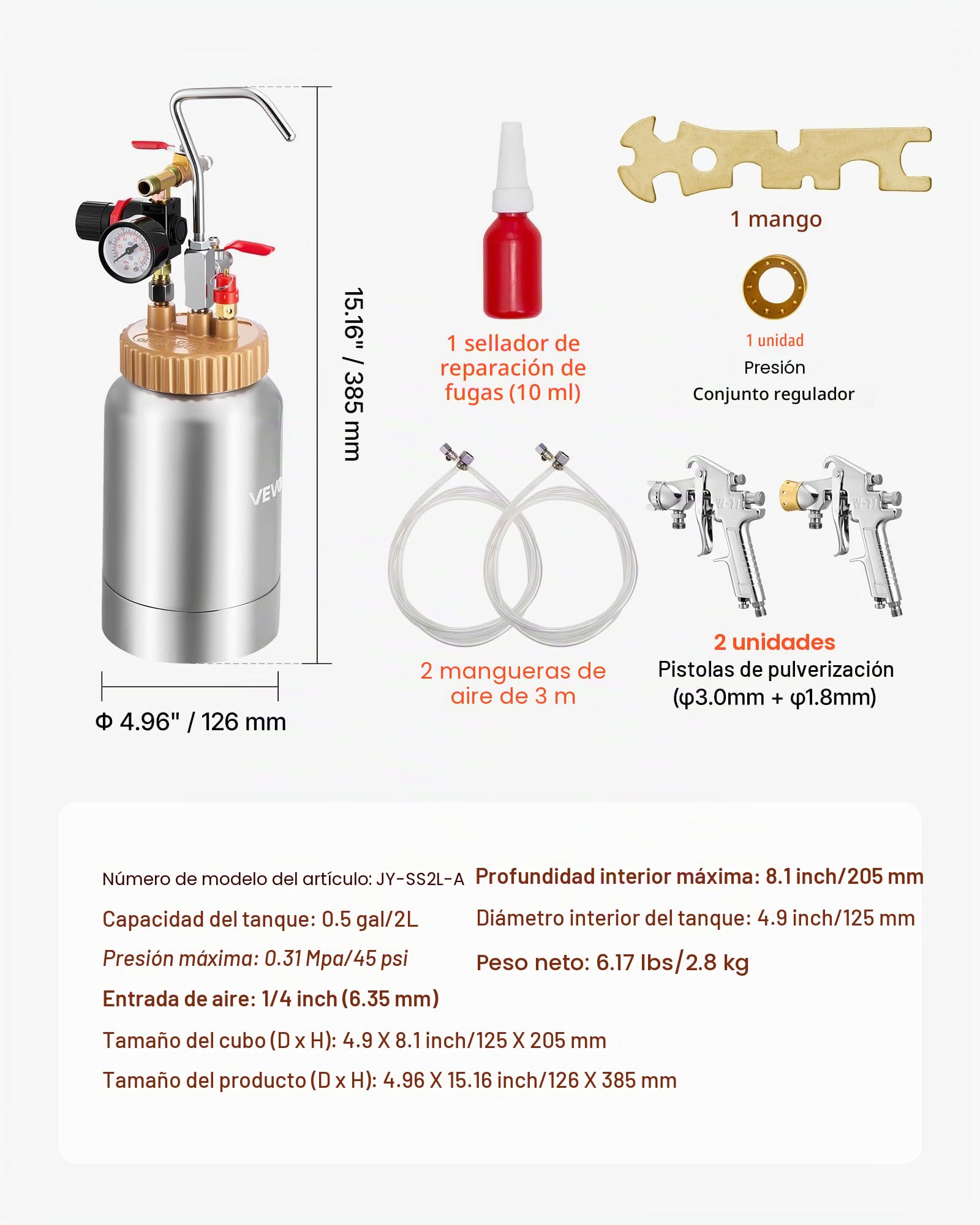 VEVOR Tanque de Presión para Pintura en Aerosol, 2 L, con 2 Pistolas de Pulverización φ1,8 mm + φ3 mm y 2 Mangueras 3 m para Proyectos de Bricolaje y Creación de Arte, 385 x 126 x 126 mm, Plata