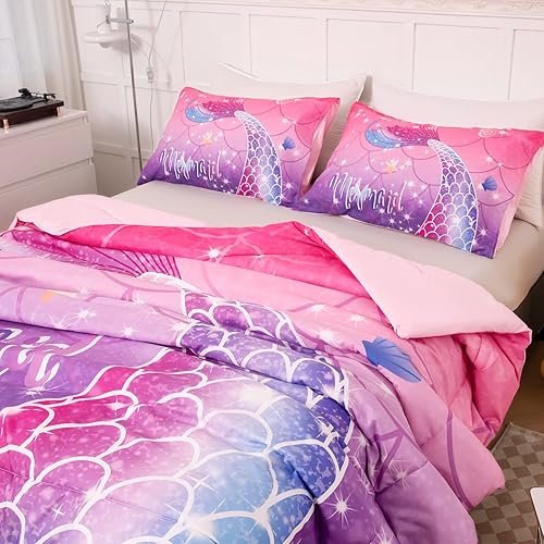 Miniatura 9 de Juego de edredón de sirena de 3 piezas, tamaño matrimonial, juego de edredón degradado, rosa, morado, azul, juego de ropa de cama con patrón de