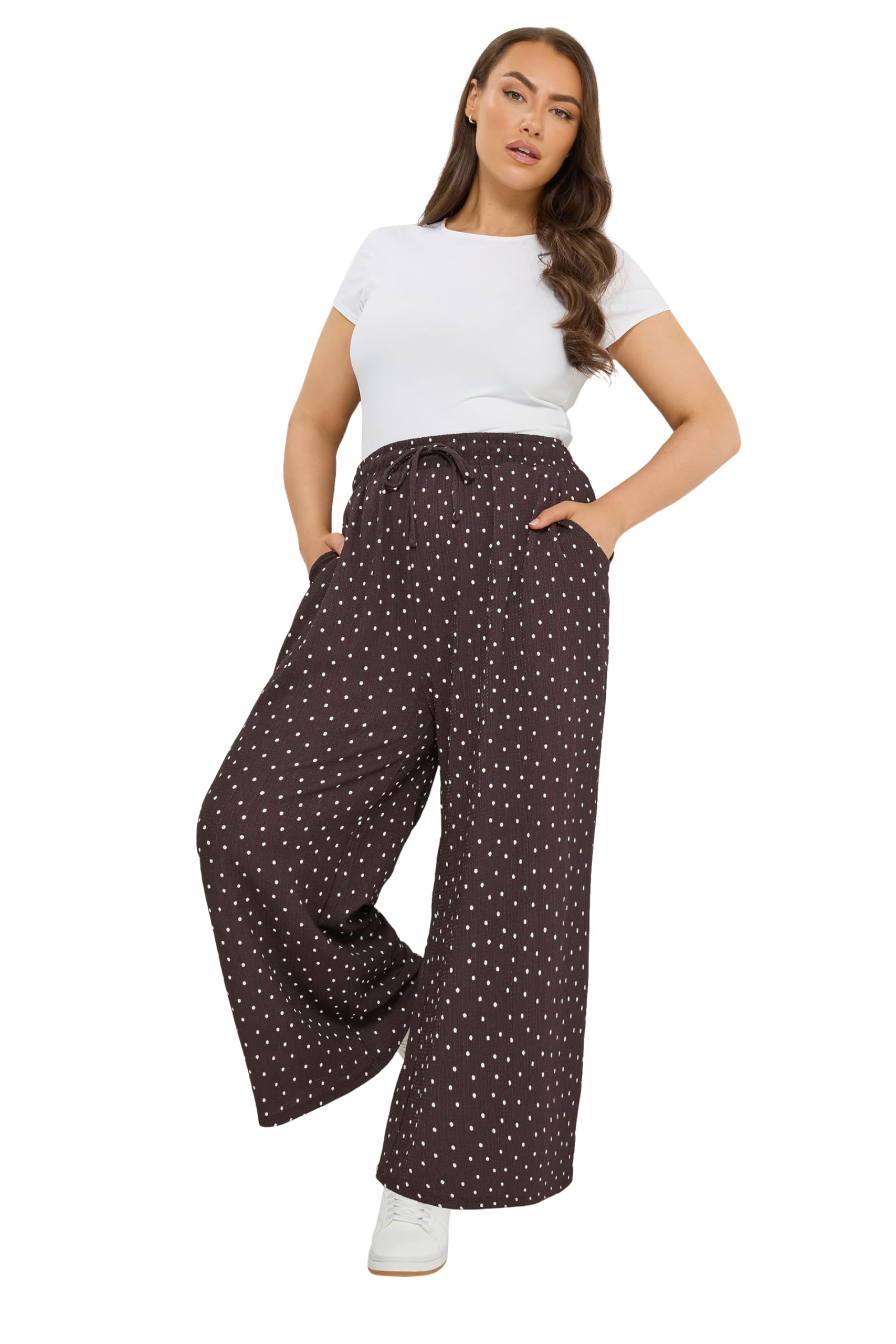 Yours Women's Polka Dot Wide Leg Trousers in Chocolate | Size: 26-28S